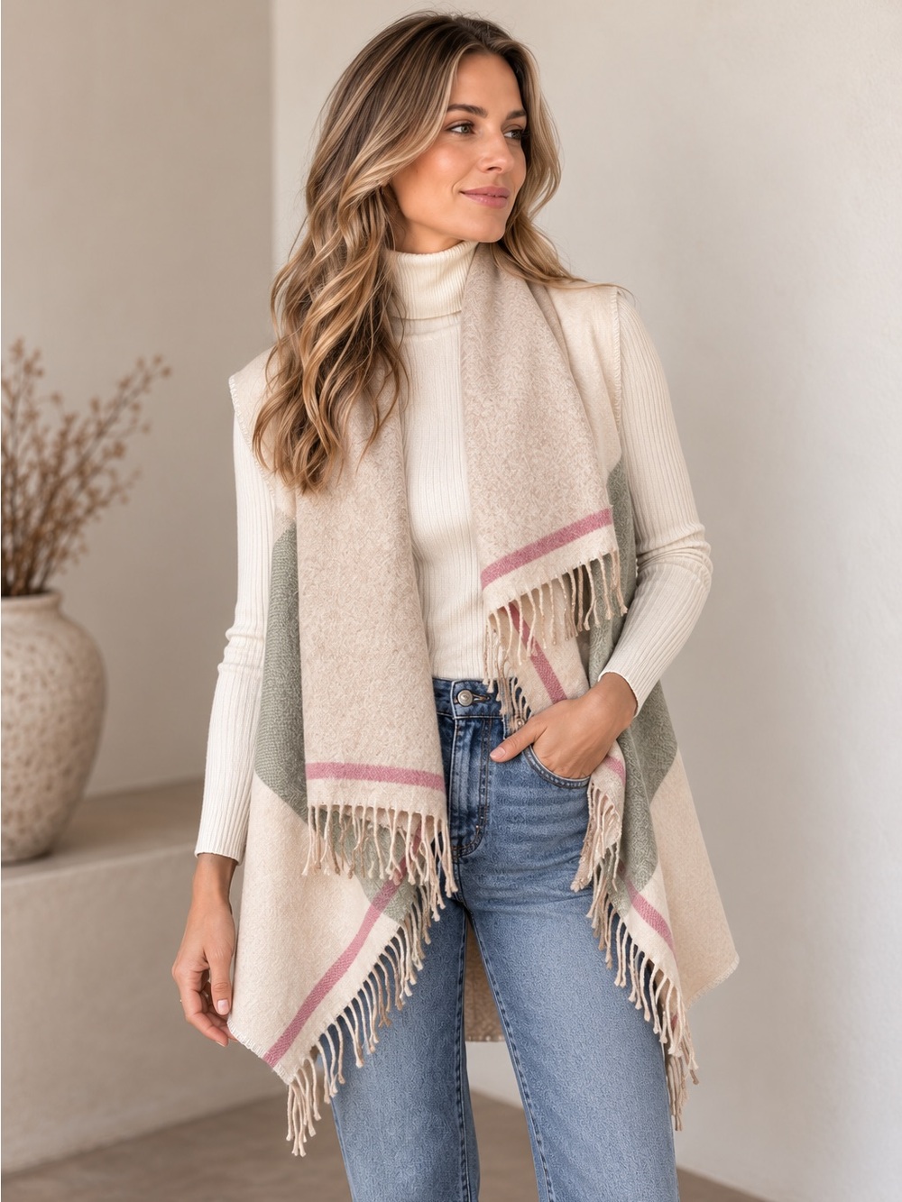 Marc Cain 100% Wool Fringe Cape Vest Wrap Cream Sage Pink Size N3
